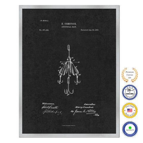 1883 Fishing Artificial Bait Antique Patent Artwork Silver Framed Canvas Home Office Decor Great for Fisherman Cabin Lake House