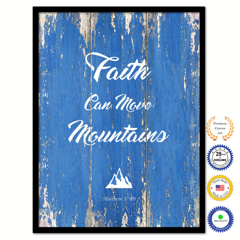 Faith Can Move Mountains - Matthew 18:20 Bible Verse Scripture Quote Blue Canvas Print with Picture Frame
