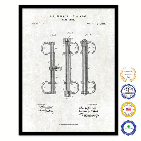 1874 Hand Cuffs Old Patent Art Print on Canvas Custom Framed Vintage Home Decor Wall Decoration Great for Gifts