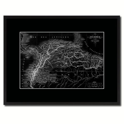 Columbia Venezuela Guianna Vintage Monochrome Map Canvas Print, Gifts Picture Frames Home Decor Wall Art