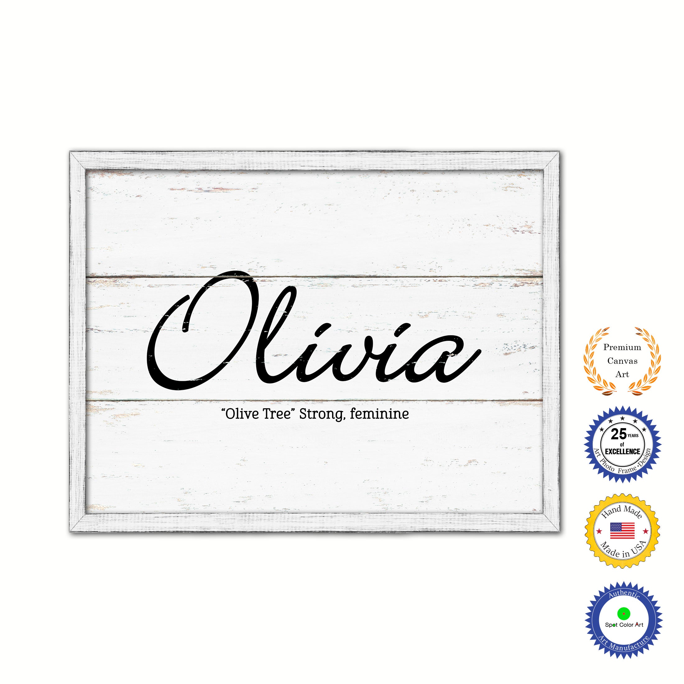 Olivia Name Plate White Wash Wood Frame Canvas Print Boutique Cottage Decor Shabby Chic