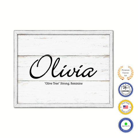 Olivia Name Plate White Wash Wood Frame Canvas Print Boutique Cottage Decor Shabby Chic