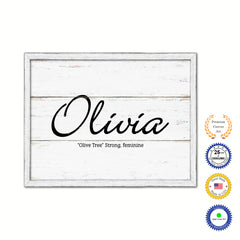Olivia Name Plate White Wash Wood Frame Canvas Print Boutique Cottage Decor Shabby Chic