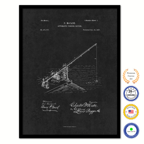 1887 Fishing Automatic Fishing Device Vintage Patent Artwork Black Framed Canvas Home Office Decor Great for Fisherman Cabin Lake House