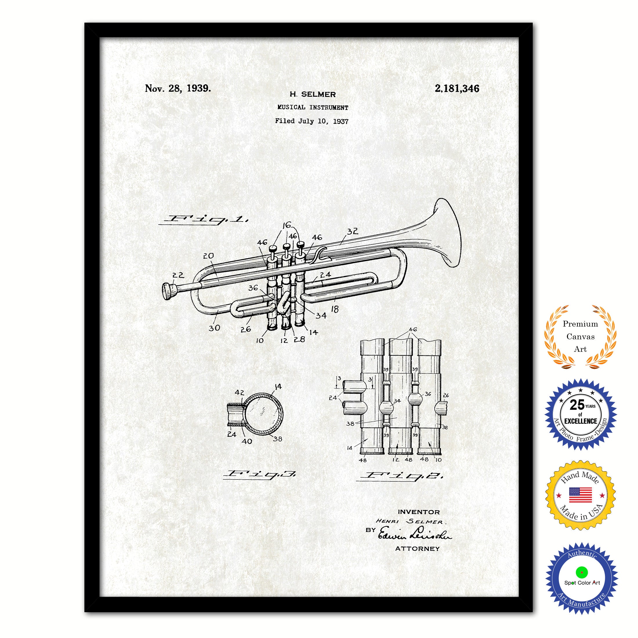 1939 Trumpet Musical Instrument Old Patent Art Print on Canvas Custom Framed Vintage Home Decor Wall Decoration Great for Gifts
