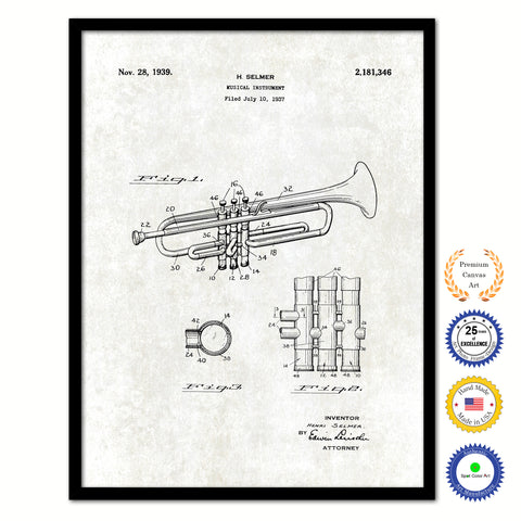 1939 Trumpet Musical Instrument Old Patent Art Print on Canvas Custom Framed Vintage Home Decor Wall Decoration Great for Gifts