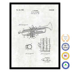 1939 Trumpet Musical Instrument Old Patent Art Print on Canvas Custom Framed Vintage Home Decor Wall Decoration Great for Gifts