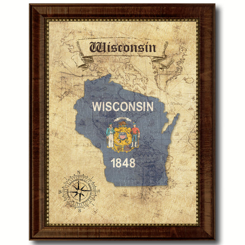 Wisconsin State Vintage Flag Canvas Print with Brown Picture Frame Home Decor Man Cave Wall Art Collectible Decoration Artwork Gifts