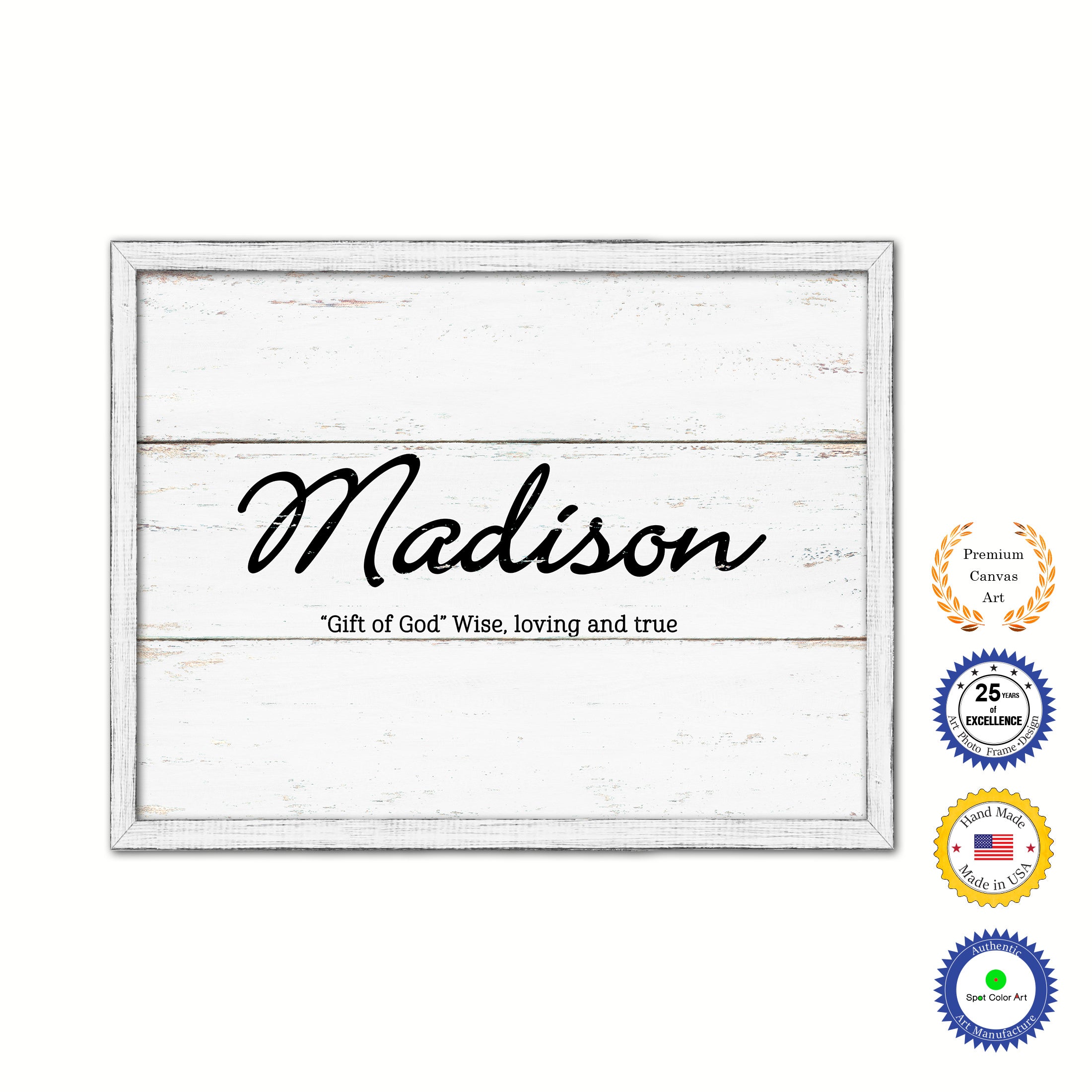 Madison Name Plate White Wash Wood Frame Canvas Print Boutique Cottage Decor Shabby Chic