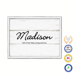 Madison Name Plate White Wash Wood Frame Canvas Print Boutique Cottage Decor Shabby Chic
