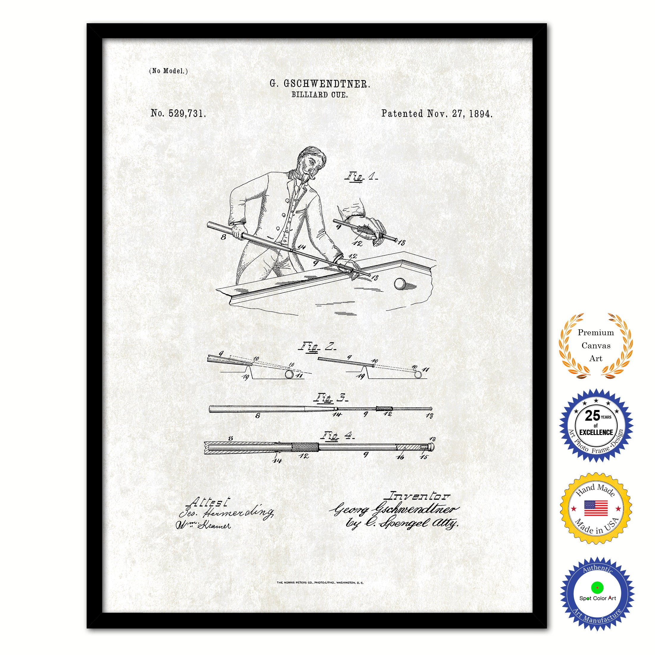 1894 Billiard Cue Stick Old Patent Art Print on Canvas Custom Framed Vintage Home Decor Wall Decoration Great for Gifts