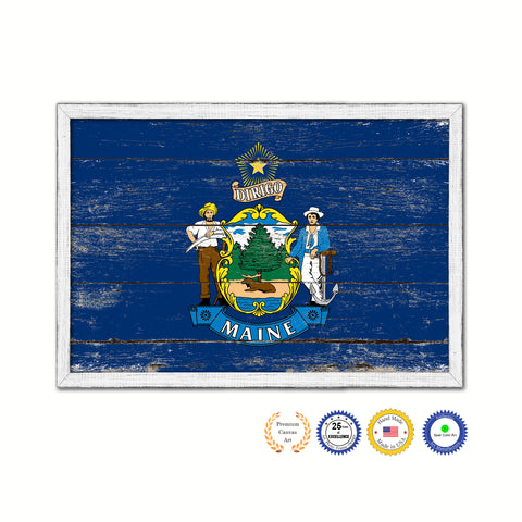 Maine State Flag Shabby Chic Gifts Home Decor Wall Art Canvas Print, White Wash Wood Frame
