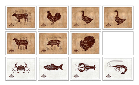 Beef, Chicken, Duck, Goose, Lamb, Pork, Turkey, Crab, Fish, Lobster, Shrimp Meat Cow Cuts Butchers Chart
