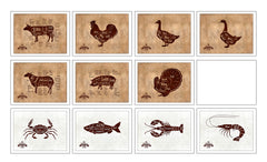 Beef, Chicken, Duck, Goose, Lamb, Pork, Turkey, Crab, Fish, Lobster, Shrimp Meat Cow Cuts Butchers Chart