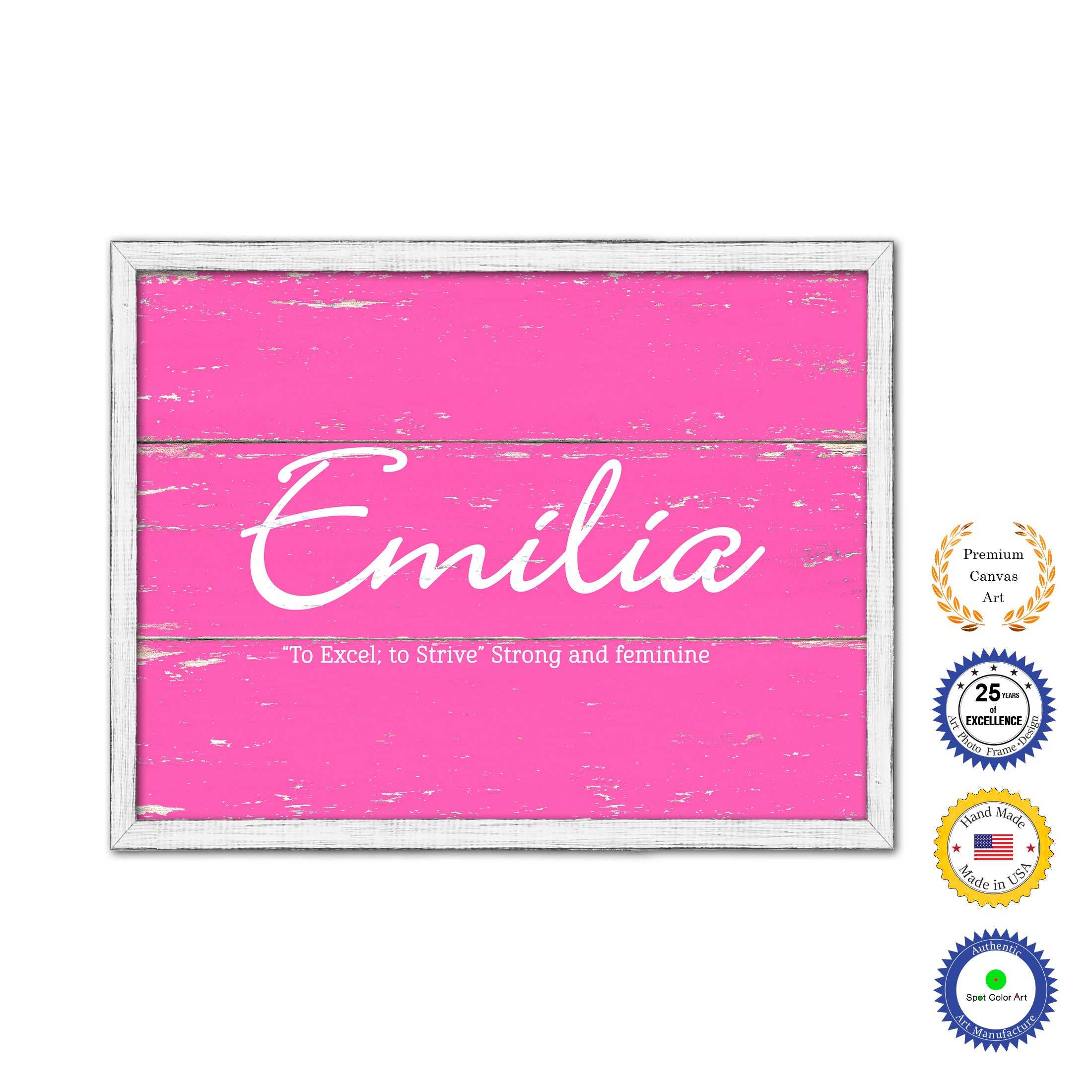Emilia Name Plate White Wash Wood Frame Canvas Print Boutique Cottage Decor Shabby Chic