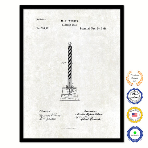 1886 Barber's Pole Vintage Patent Artwork Black Framed Canvas Print Home Office Decor Great Gift for Barber Salon Hair Stylist
