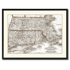 Massachusetts Connecticut Rhode Island Vintage Sepia Map Canvas Print, Picture Frame Gifts Home Decor Wall Art Decoration
