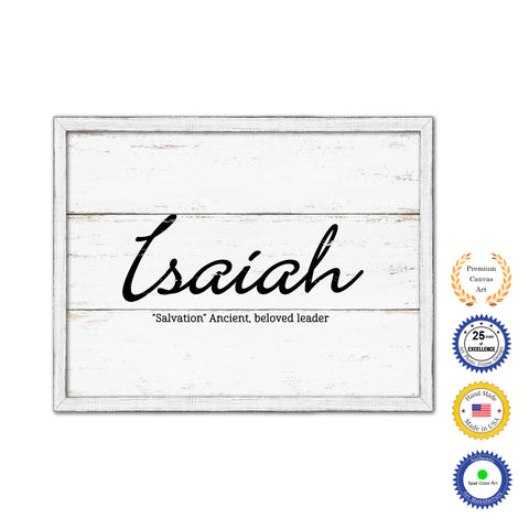 Isaiah Name Plate White Wash Wood Frame Canvas Print Boutique Cottage Decor Shabby Chic