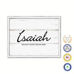 Isaiah Name Plate White Wash Wood Frame Canvas Print Boutique Cottage Decor Shabby Chic