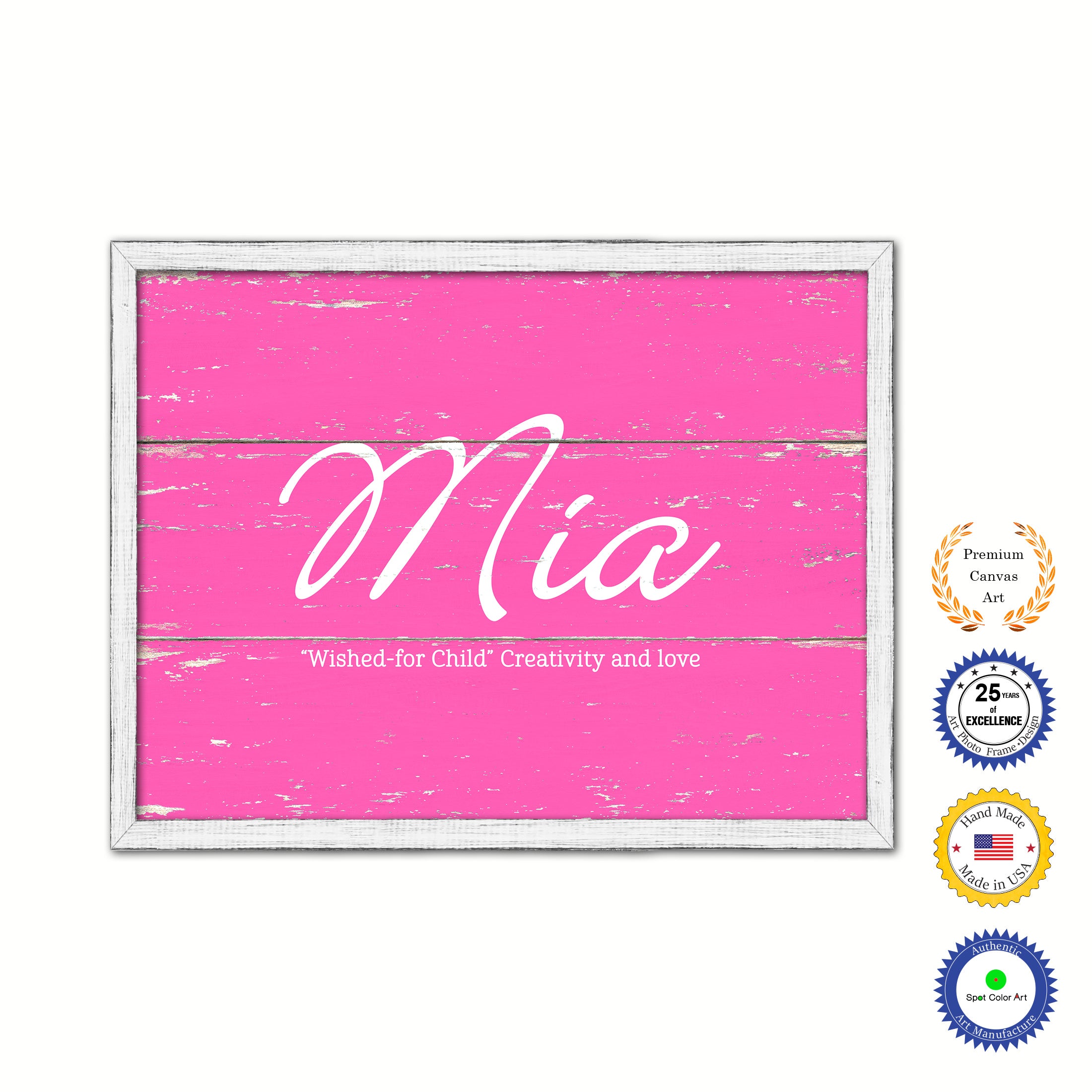 Mia Name Plate White Wash Wood Frame Canvas Print Boutique Cottage Decor Shabby Chic