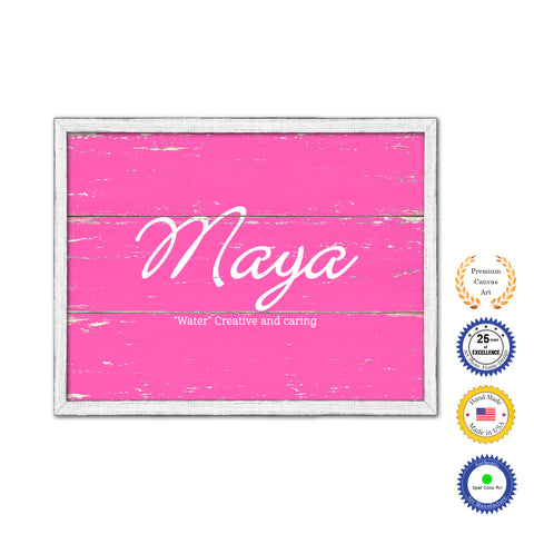 Maya Name Plate White Wash Wood Frame Canvas Print Boutique Cottage Decor Shabby Chic
