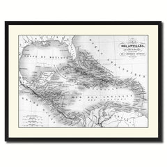 West Indies Caribbean Vintage B&W Map Canvas Print, Picture Frame Home Decor Wall Art Gift Ideas