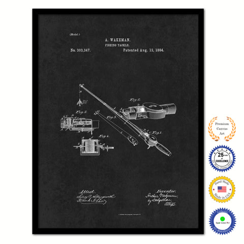 1884 Fishing Tackle Vintage Patent Artwork Black Framed Canvas Home Office Decor Great for Fisherman Cabin Lake House