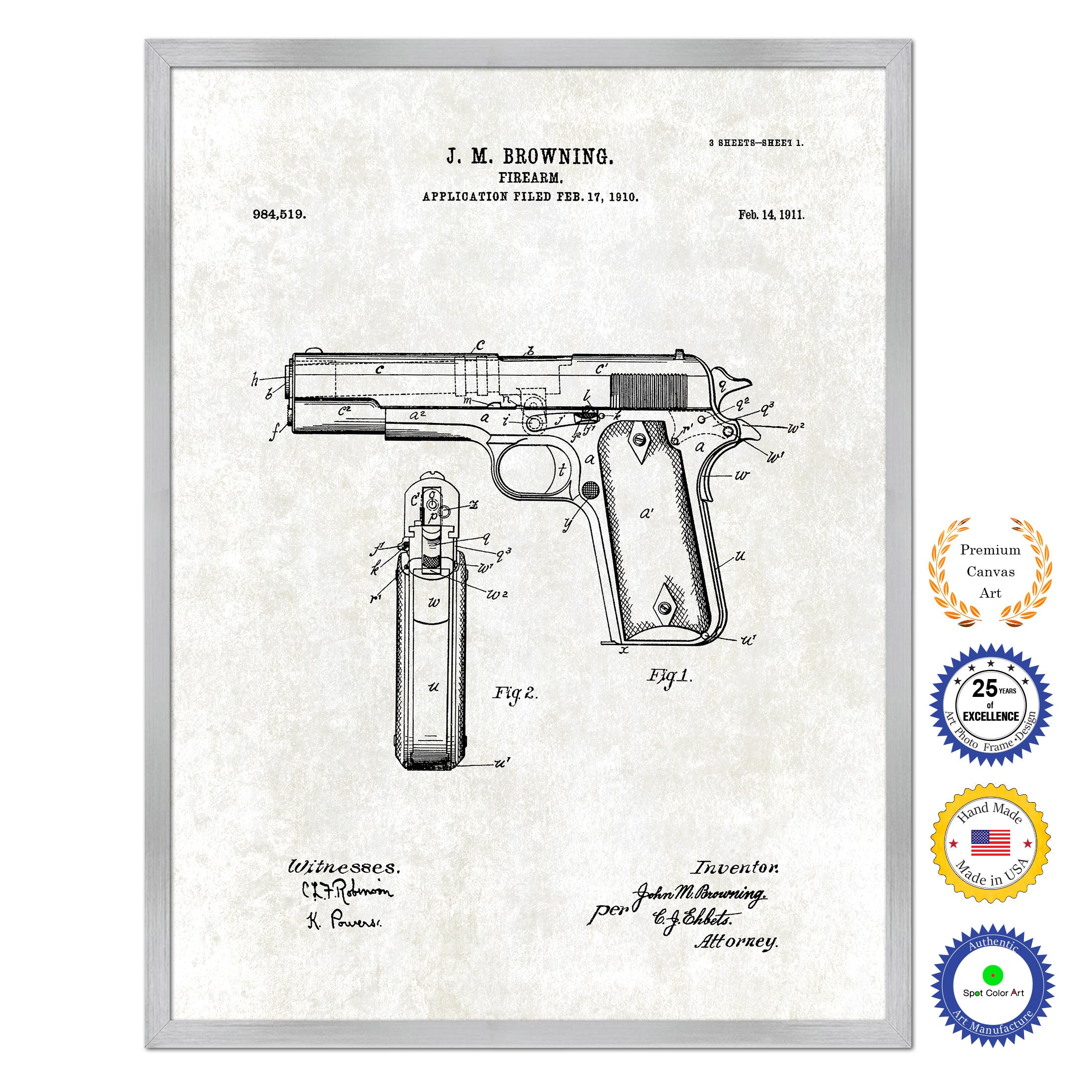 1911 Handgun Firearm Old Patent Art Print on Canvas Custom Framed Vintage Home Decor Wall Decoration Great for Gifts