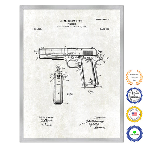 1911 Handgun Firearm Old Patent Art Print on Canvas Custom Framed Vintage Home Decor Wall Decoration Great for Gifts