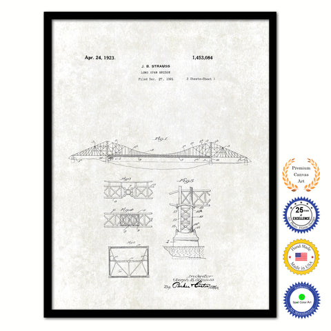 1923 Long Span Bridge Vintage Patent Artwork Black Framed Canvas Print Home Office Decor Great Gift for Engineers Architects Construction Workers
