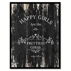 Happy girls are the prettiest girls - Audrey Hepburn Vintage Saying Gifts Home Decor Wall Art Canvas Print with Custom Picture Frame, Black