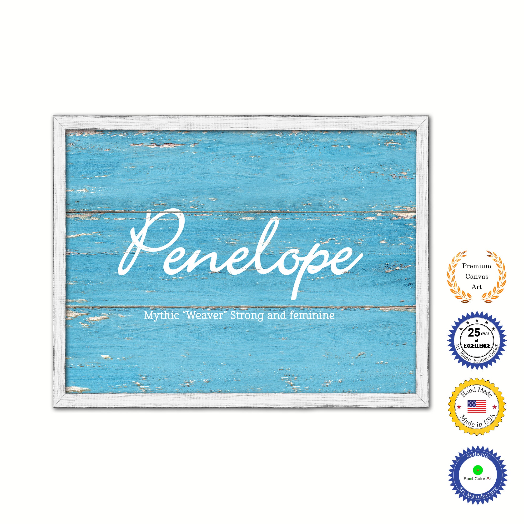 Penelope Name Plate White Wash Wood Frame Canvas Print Boutique Cottage Decor Shabby Chic