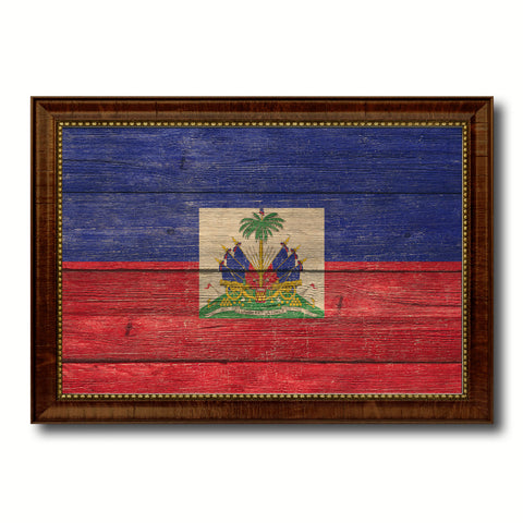 Haiti Country Flag Texture Canvas Print with Brown Custom Picture Frame Home Decor Gift Ideas Wall Art Decoration