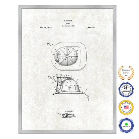 1932 Firefighter Helmet Antique Patent Artwork Silver Framed Canvas Print Home Office Decor Great for Firefighter Fireman Firewoman