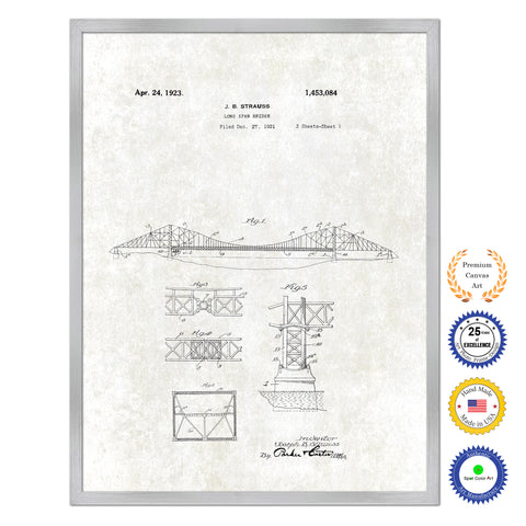1923 Long Span Bridge Antique Patent Artwork Silver Framed Canvas Print Home Office Decor Great Gift for Engineers Architects Construction Workers