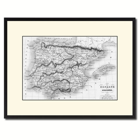 Spain Portugal Vintage B&W Map Canvas Print, Picture Frame Home Decor Wall Art Gift Ideas