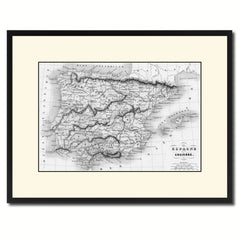 Spain Portugal Vintage B&W Map Canvas Print, Picture Frame Home Decor Wall Art Gift Ideas