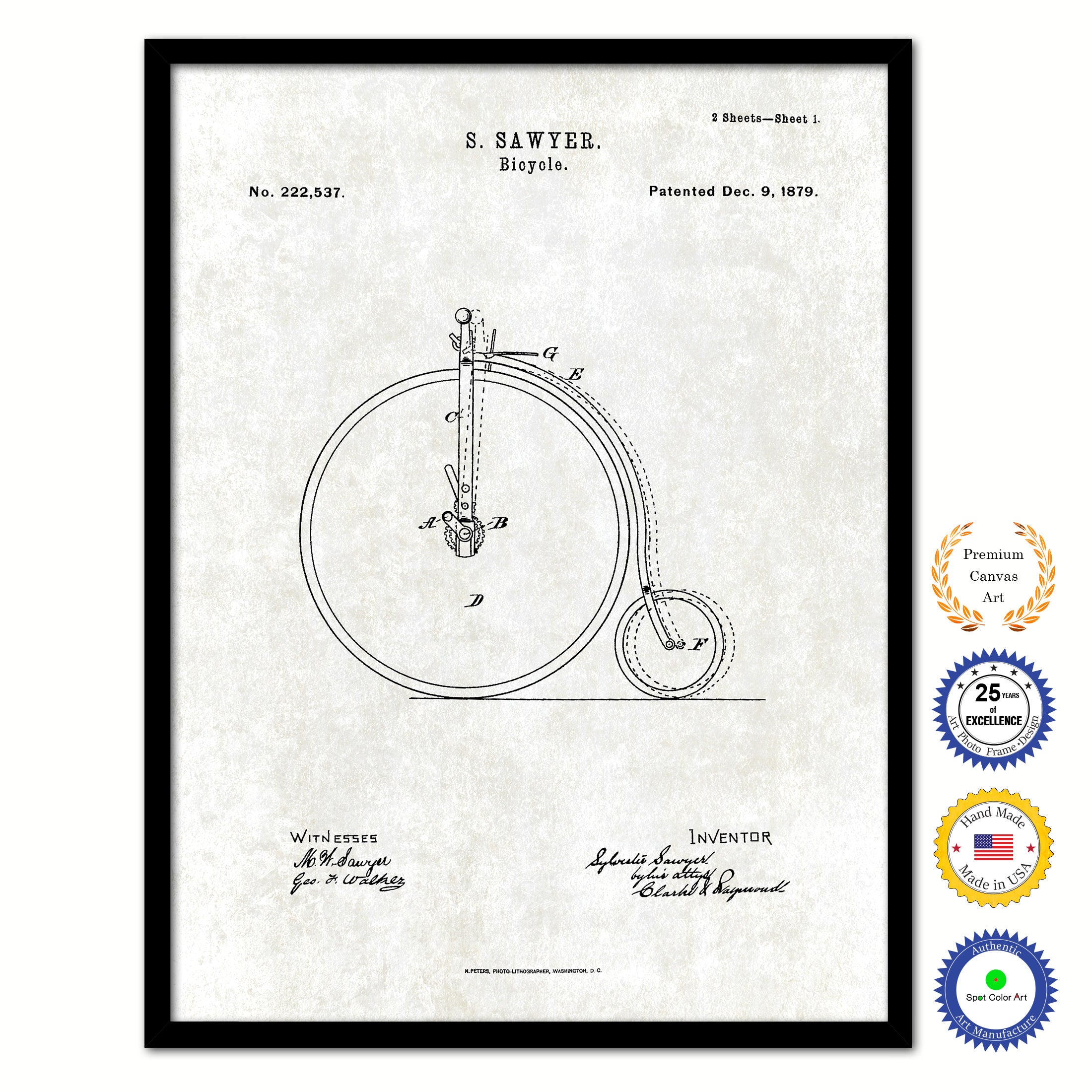 1879 Bicycle Old Patent Art Print on Canvas Custom Framed Vintage Home Decor Wall Decoration Great for Gifts