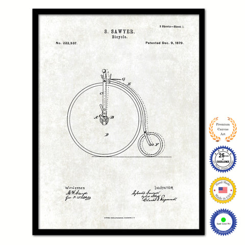 1879 Bicycle Old Patent Art Print on Canvas Custom Framed Vintage Home Decor Wall Decoration Great for Gifts