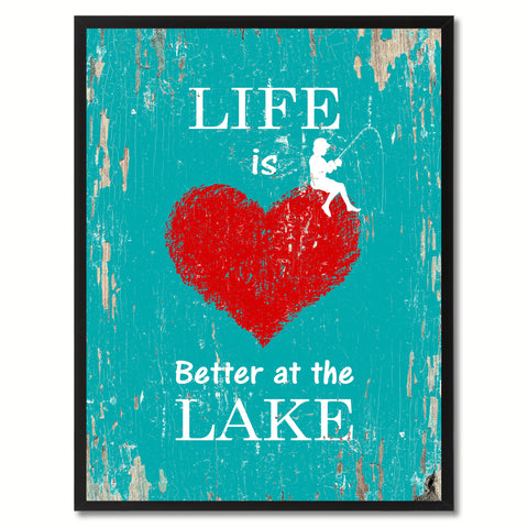 Life Is Better At The Lake Saying Canvas Print, Black Picture Frame Home Decor Wall Art Gifts