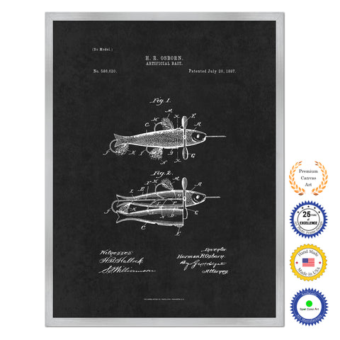 1897 Fishing Artificial Bait Antique Patent Artwork Silver Framed Canvas Home Office Decor Great for Fisherman Cabin Lake House