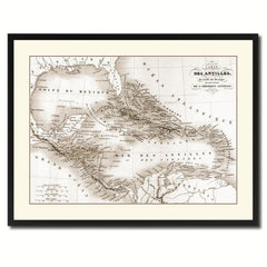 West Indies Caribbean Vintage Sepia Map Canvas Print, Picture Frame Gifts Home Decor Wall Art Decoration