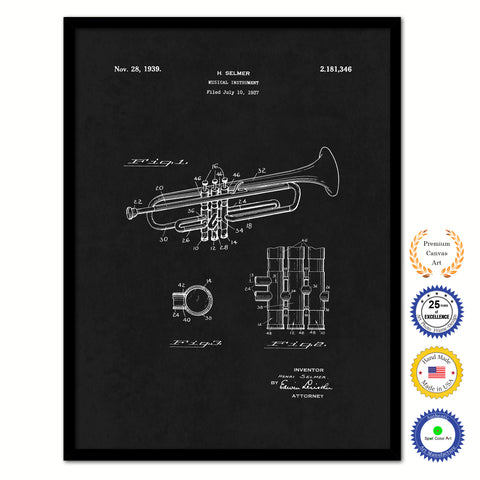 1939 Trumpet Musical Instrument Old Patent Art Print on Canvas Custom Framed Vintage Home Decor Wall Decoration Great for Gifts