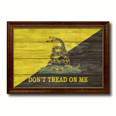 Gadsden Don't Tread on Me Military Flag Texture Canvas Print with Brown Picture Frame Home Decor Wall Art Gifts