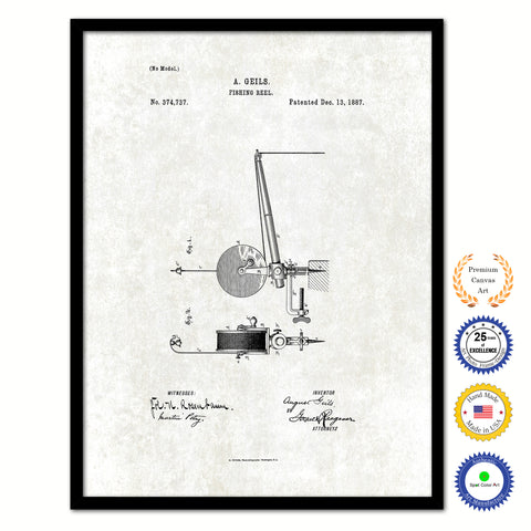 1887 Fishing Reel Vintage Patent Artwork Black Framed Canvas Print Home Office Decor Great for Fisherman Cabin Lake House