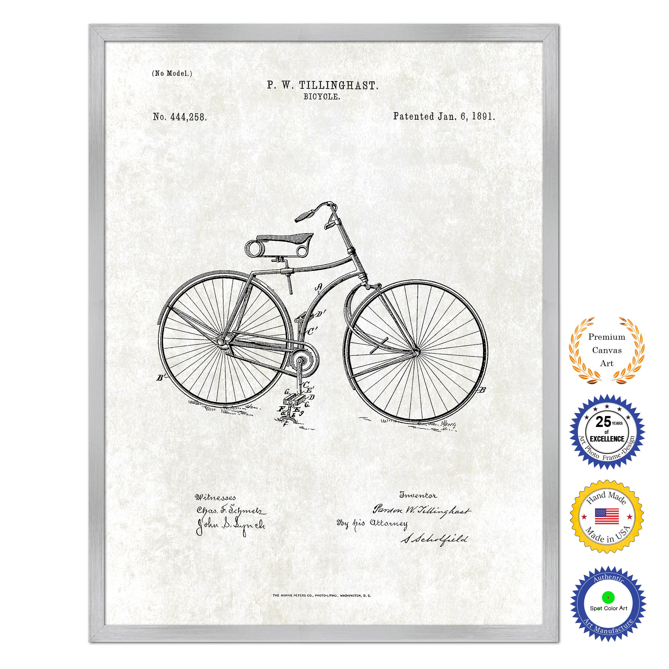 1891 Bicycle Old Patent Art Print on Canvas Custom Framed Vintage Home Decor Wall Decoration Great for Gifts