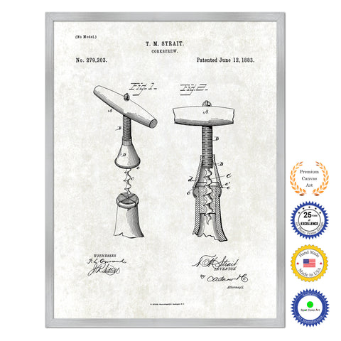 1883 Wine Corkscrew Old Patent Art Print on Canvas Custom Framed Vintage Home Decor Wall Decoration Great for Gifts