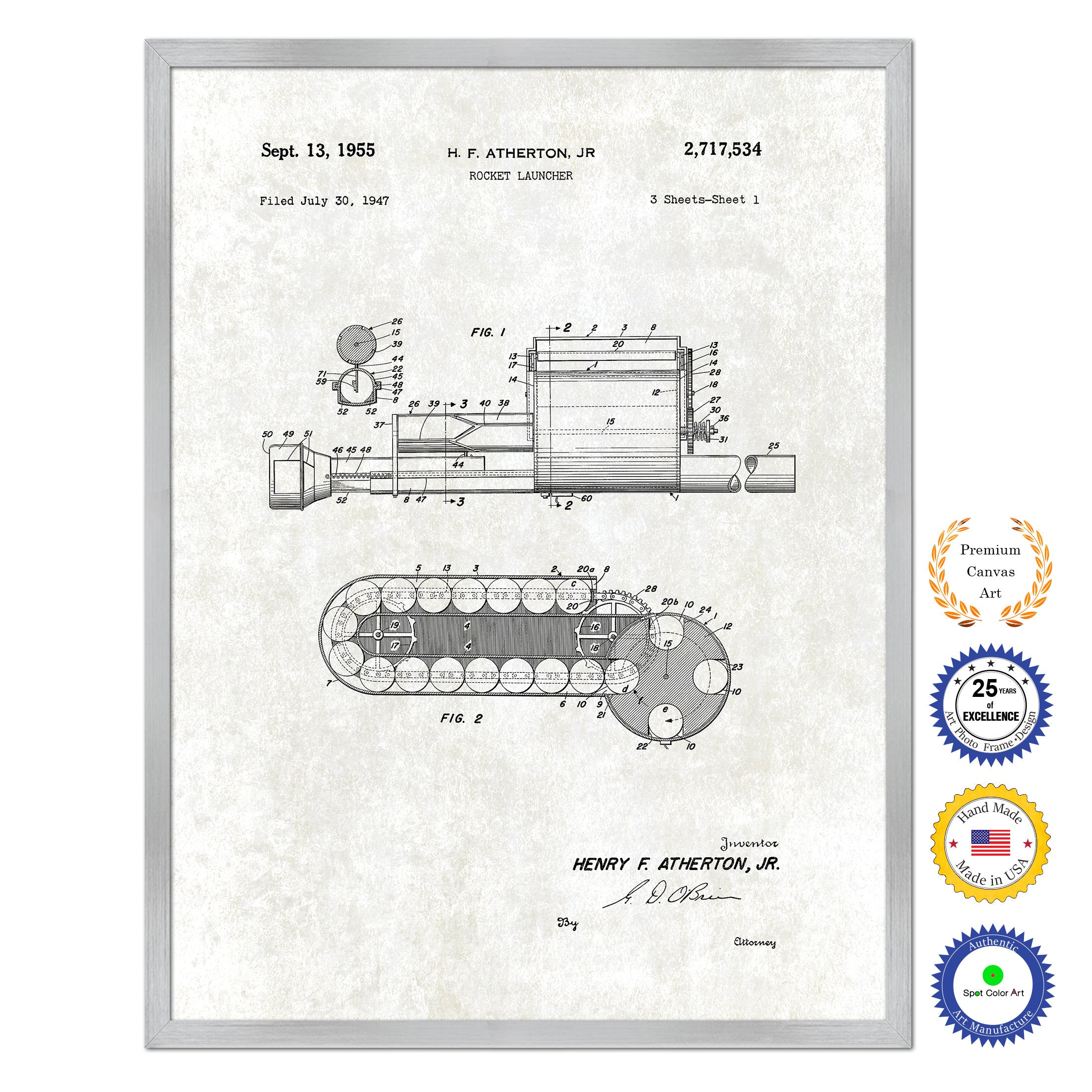 1955 Rocket Launcher Old Patent Art Print on Canvas Custom Framed Vintage Home Decor Wall Decoration Great for Gifts