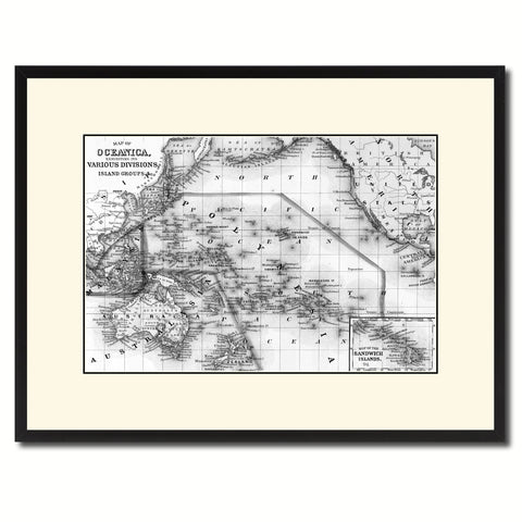 Oceania Vintage B&W Map Canvas Print, Picture Frame Home Decor Wall Art Gift Ideas