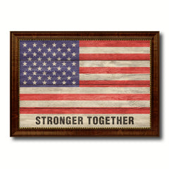 Stronger Together USA Flag Texture Canvas Print with Brown Picture Frame Home Decor Wall Art Gifts